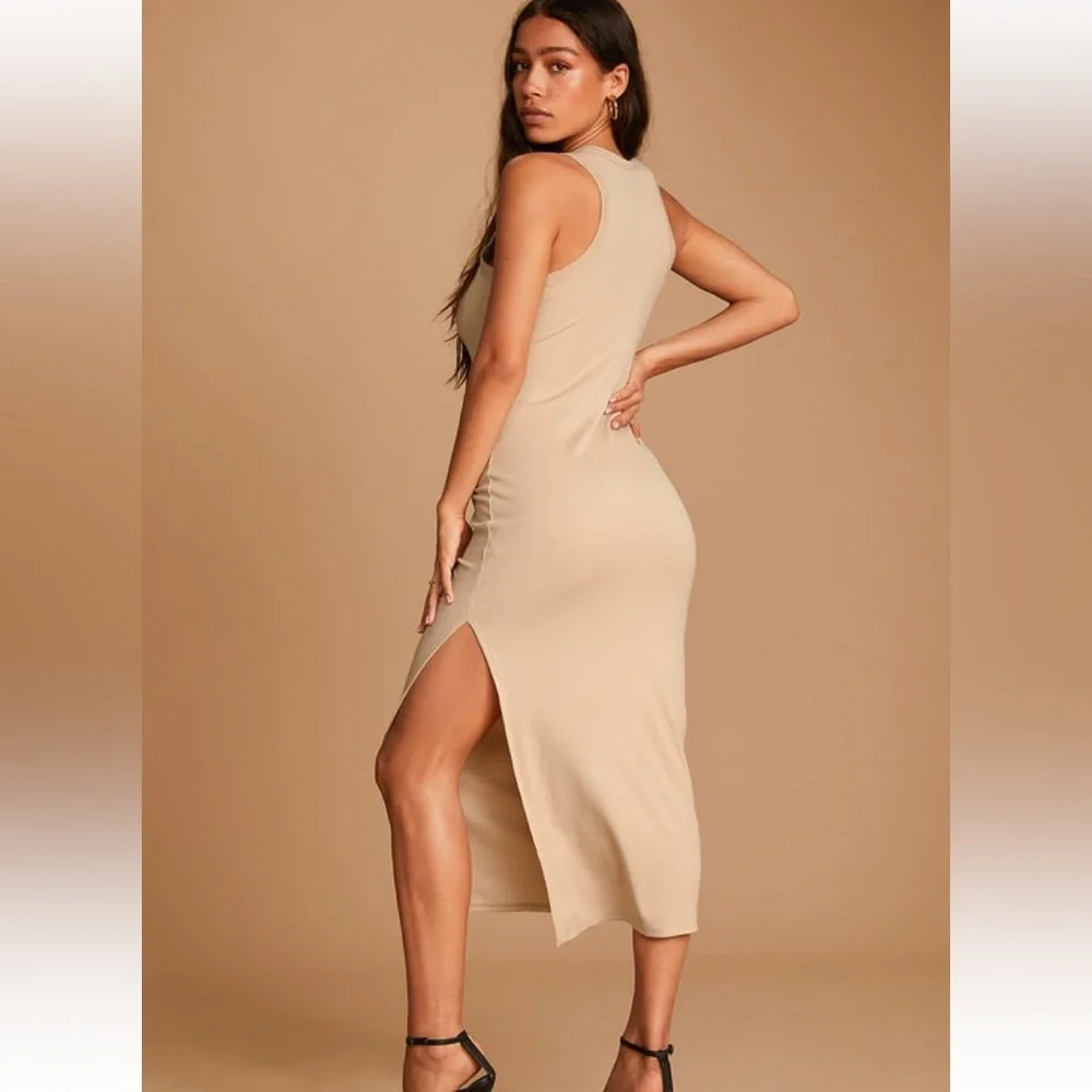 Lulu’s Simply Wonderful Tan Ribbed Bodycon Midi Dress - Picture 5 of 8